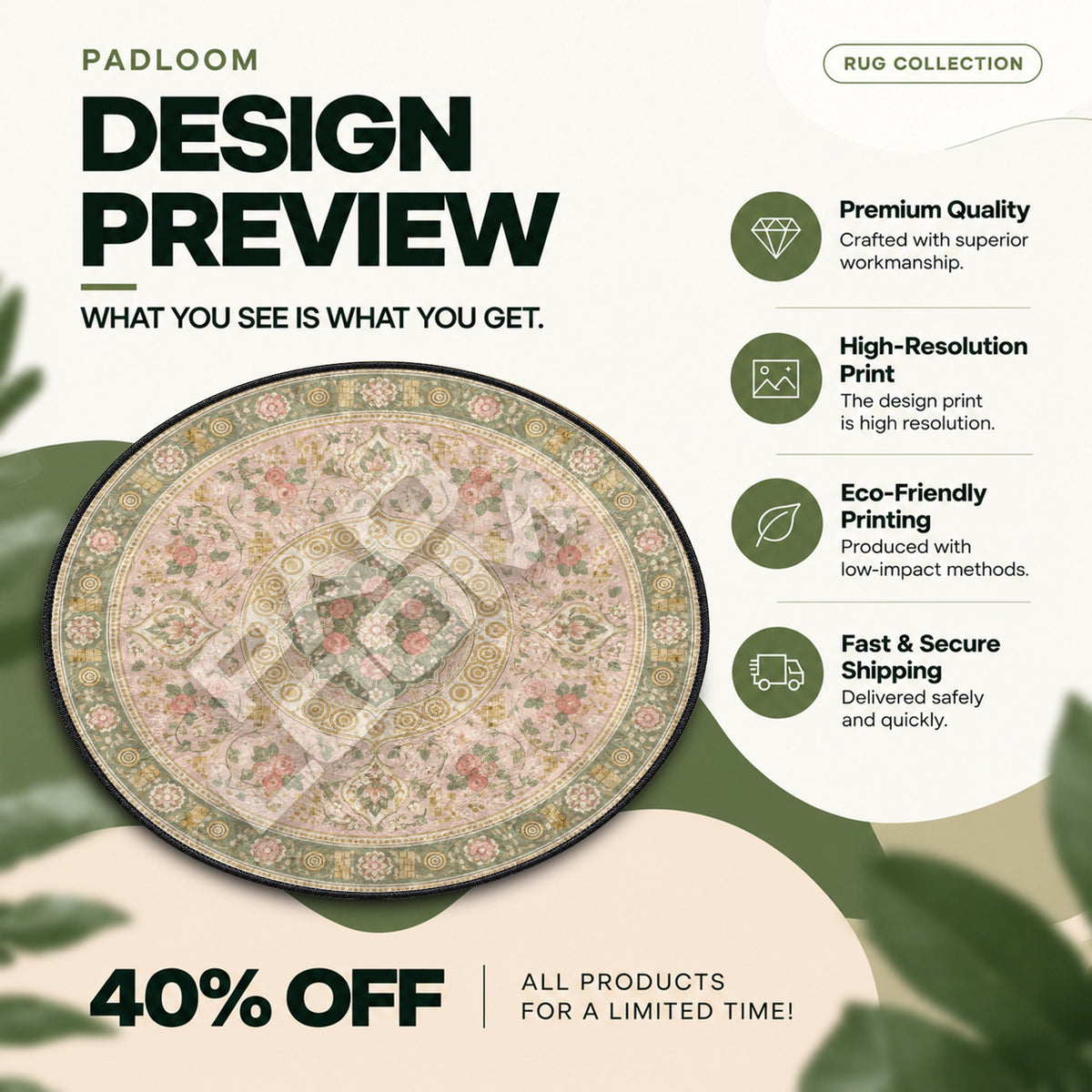 Rose Blush floral round rug full design preview