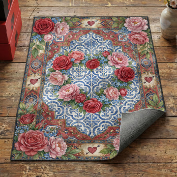 Valentine's Day rose and peony area rug with red roses pink peonies and arrow hearts on blue tile