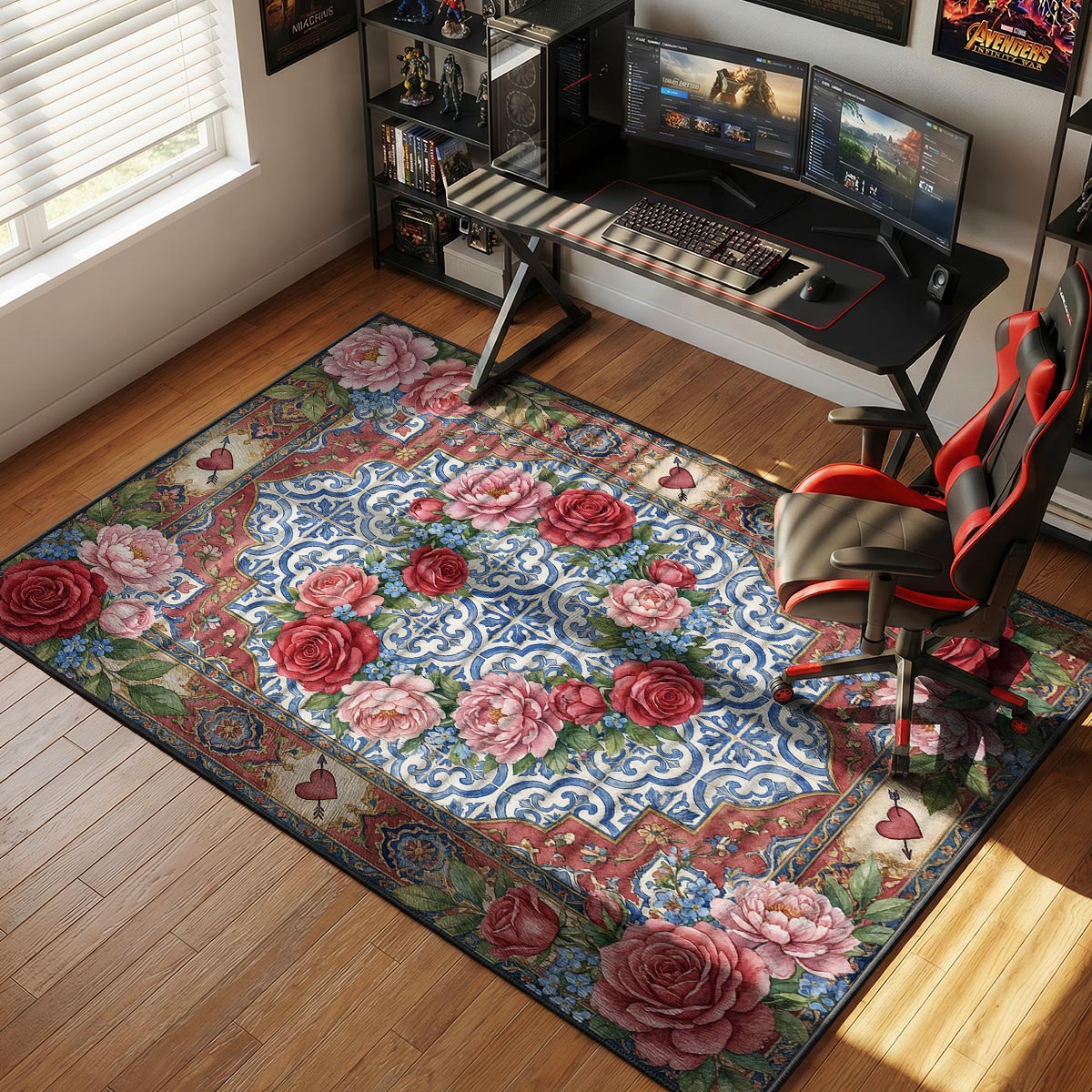 Rose peony heart rug placed in a romantic bedroom with white linens and soft candlelight