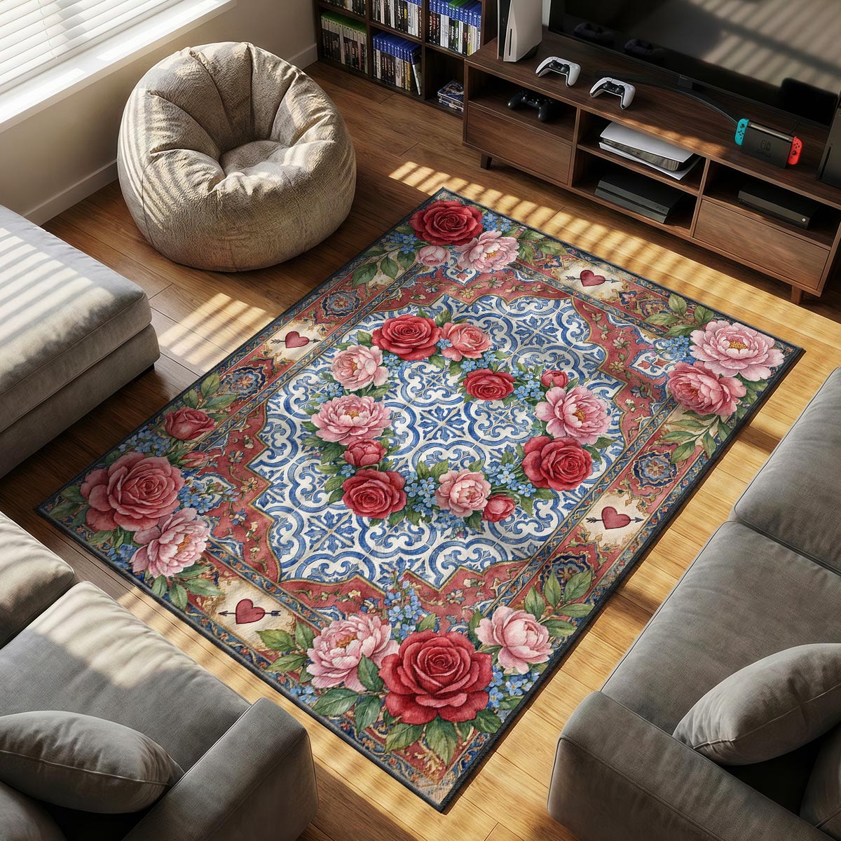 Close-up of rose peony rug showing petal detail and blue tile texture on velvet surface