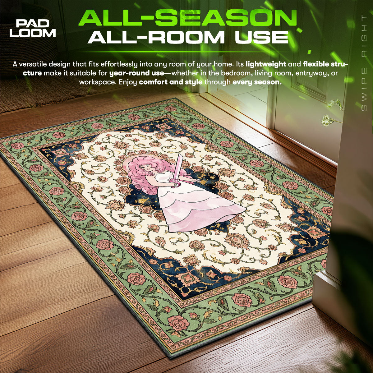 Rose area rug showing full home decor artwork