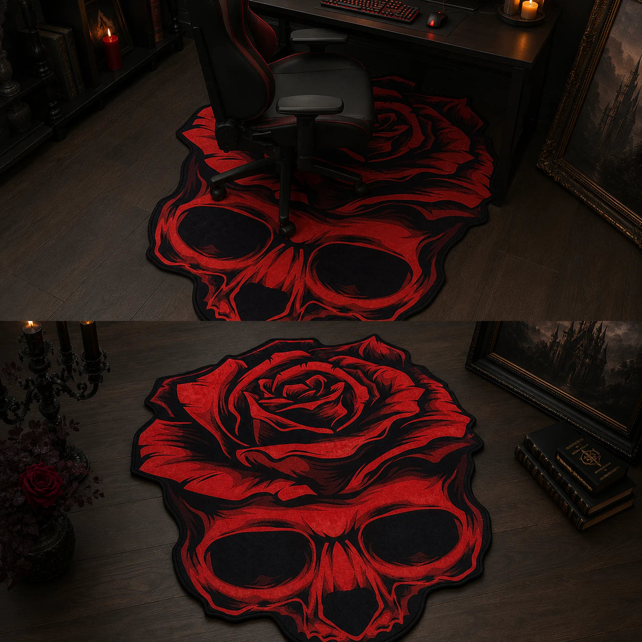 Rose Skull shaped rug shown in a room setting