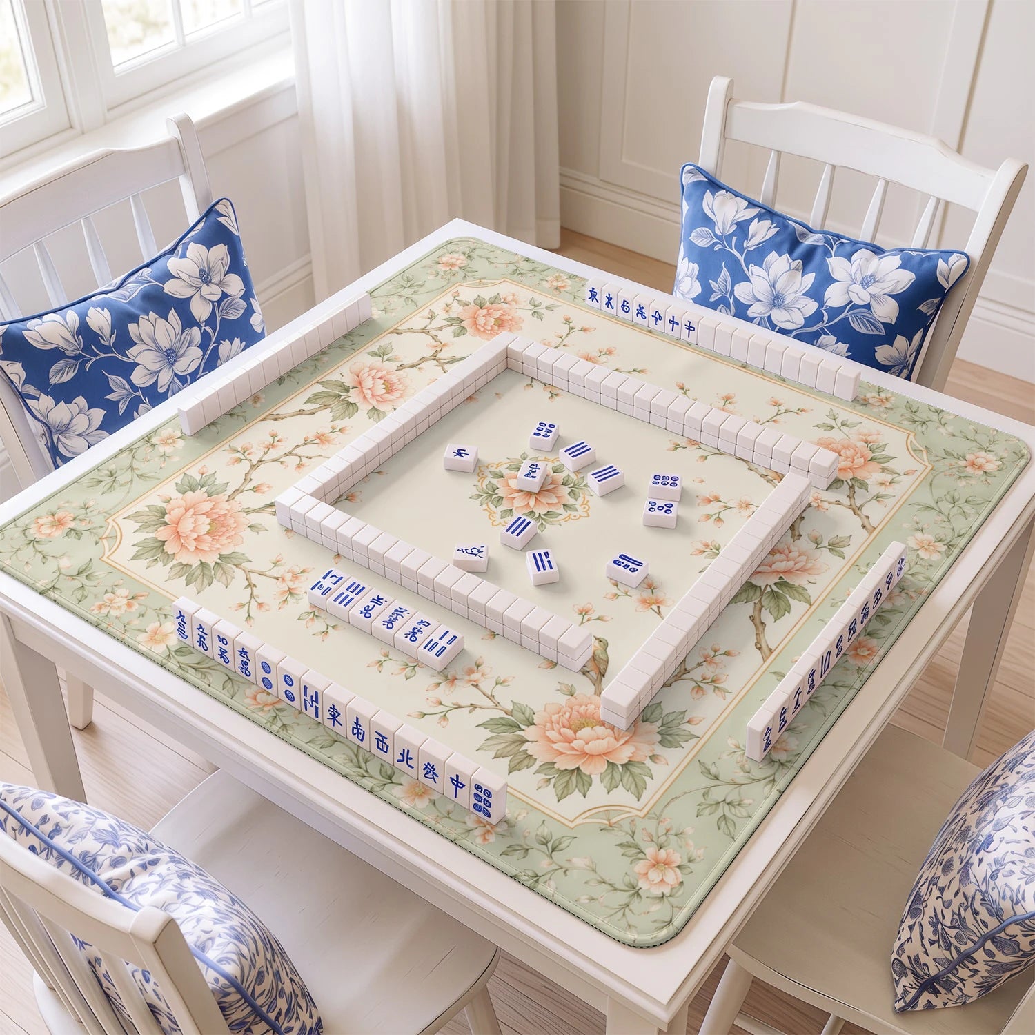 Rose Swallow mahjong mat with tiles and racks on the table