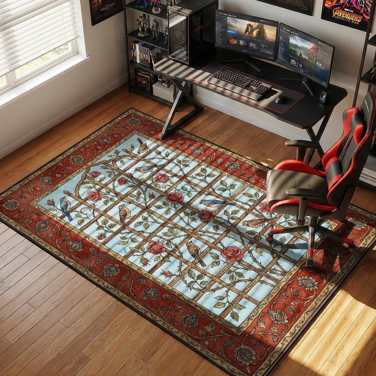 Garden trellis rug placed in a sunlit living room with white furniture and green potted plants