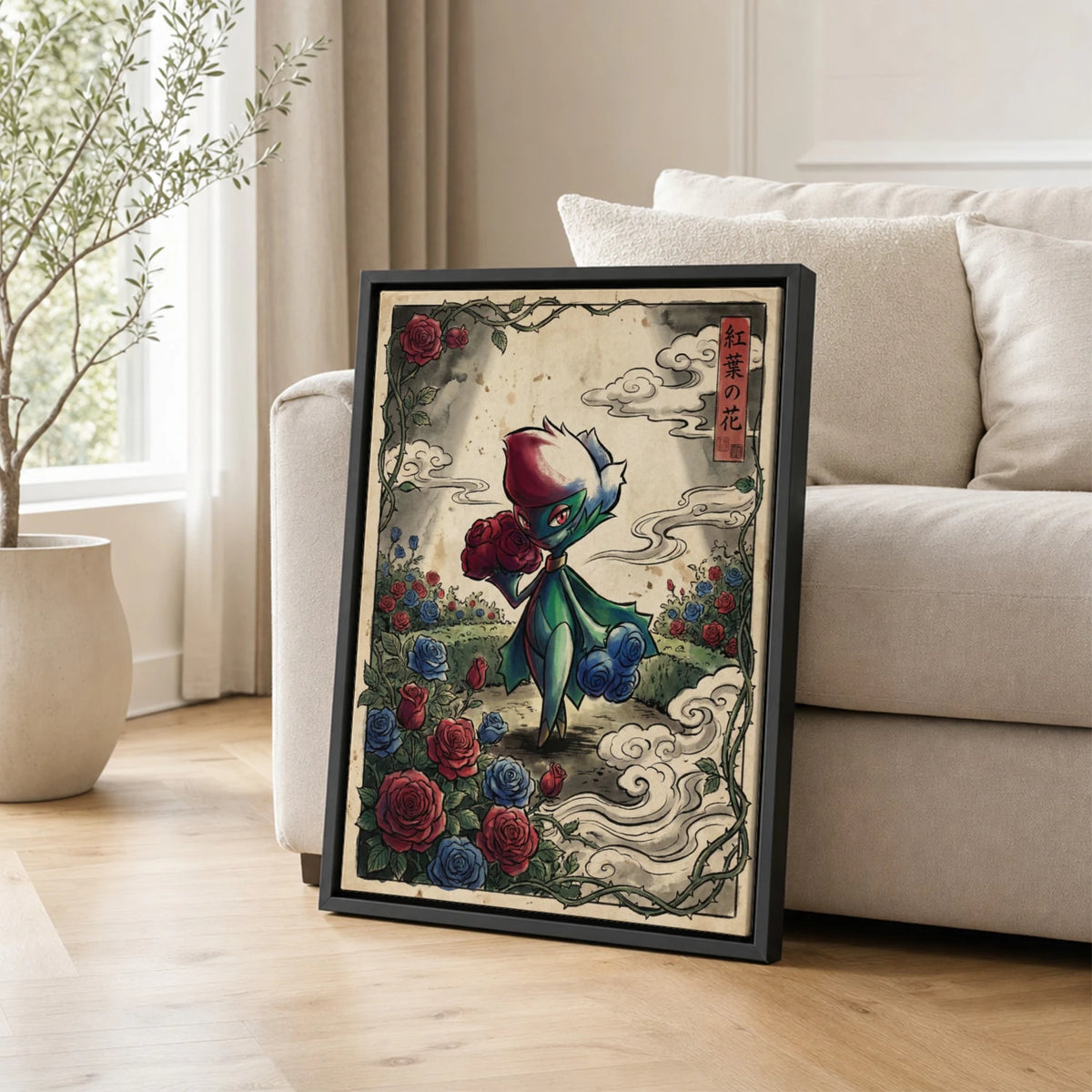 Roserade Bouquet Pokemon poster leaning beside a sofa - living room wall art