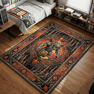 Roshan holding Aegis and Cheese in lava pit cave tapestry style gaming area rug and floor mat