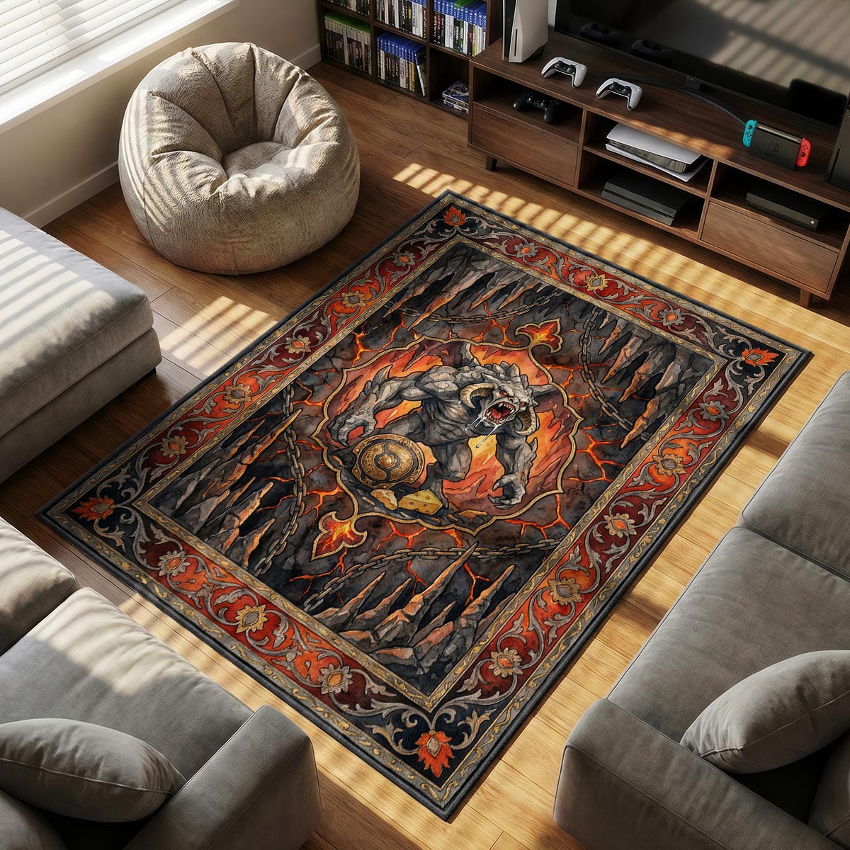 Roshan Pit themed area rug for home decor fans