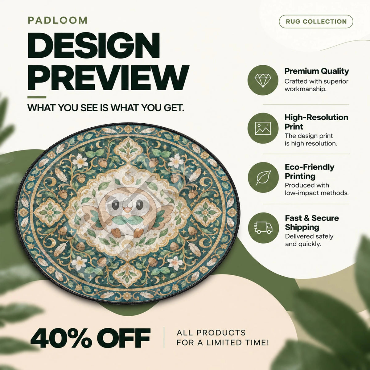 Rowlet Acorn Pokemon round rug full design preview