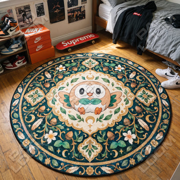 Rowlet Acorn Pokemon round rug on a bedroom floor - Pokemon chair mat