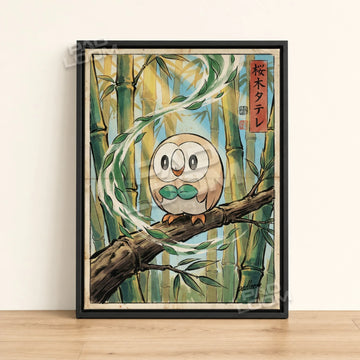 Rowlet Branch Pokemon poster - framed canvas wall art in a black frame