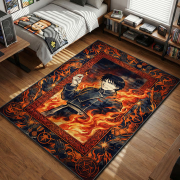 Roy Mustang from Fullmetal Alchemist snapping his fingers to create intense flames, wearing his blue military uniform, framed by ignition gloves and alchemical symbols on a rug.