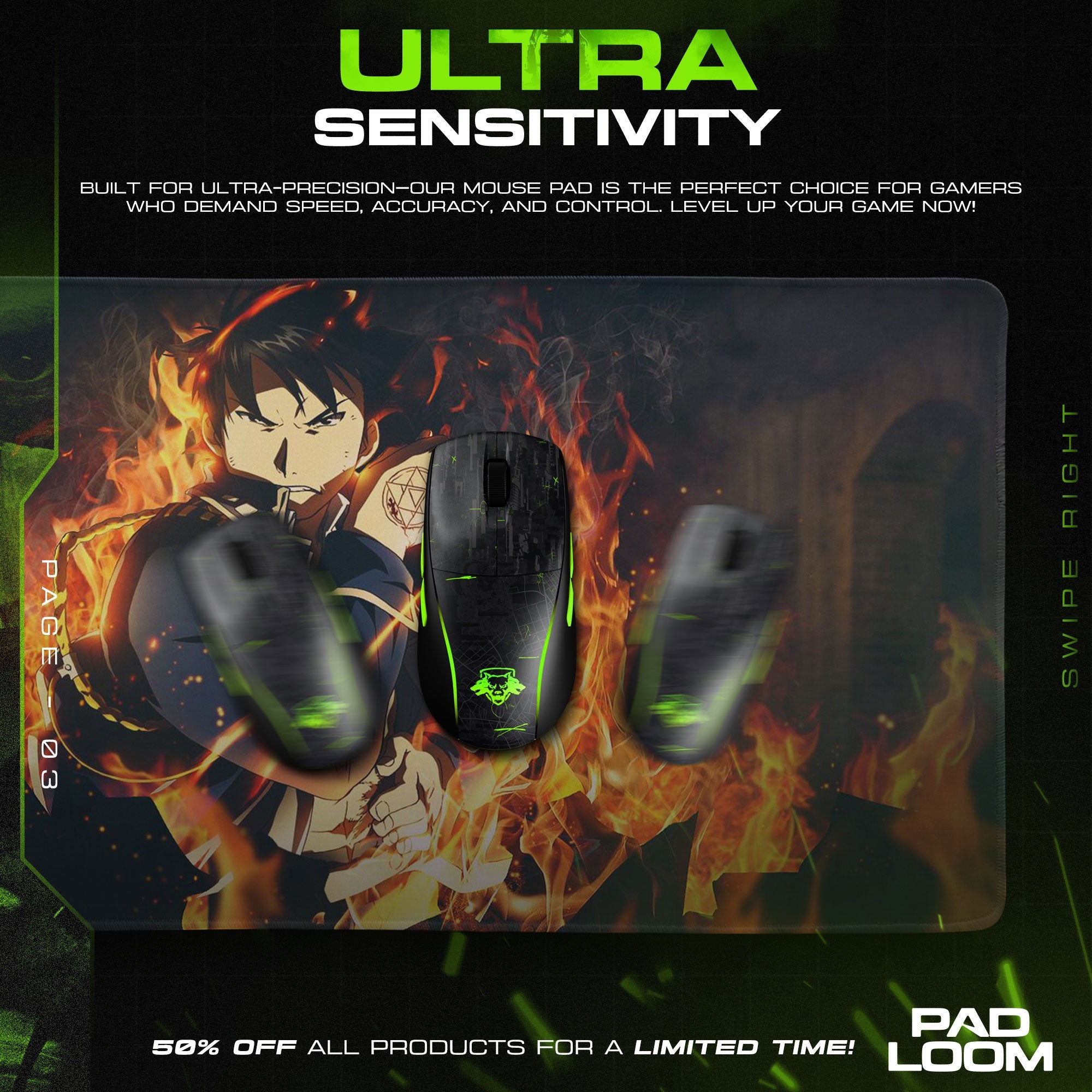 Roy Mustang Mouse Pad - Inferno Command Anime Desk Mat Padloom
