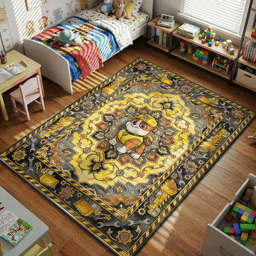 Rubble builder pup PAW Patrol kids area rug with bulldozers on yellow grey tapestry