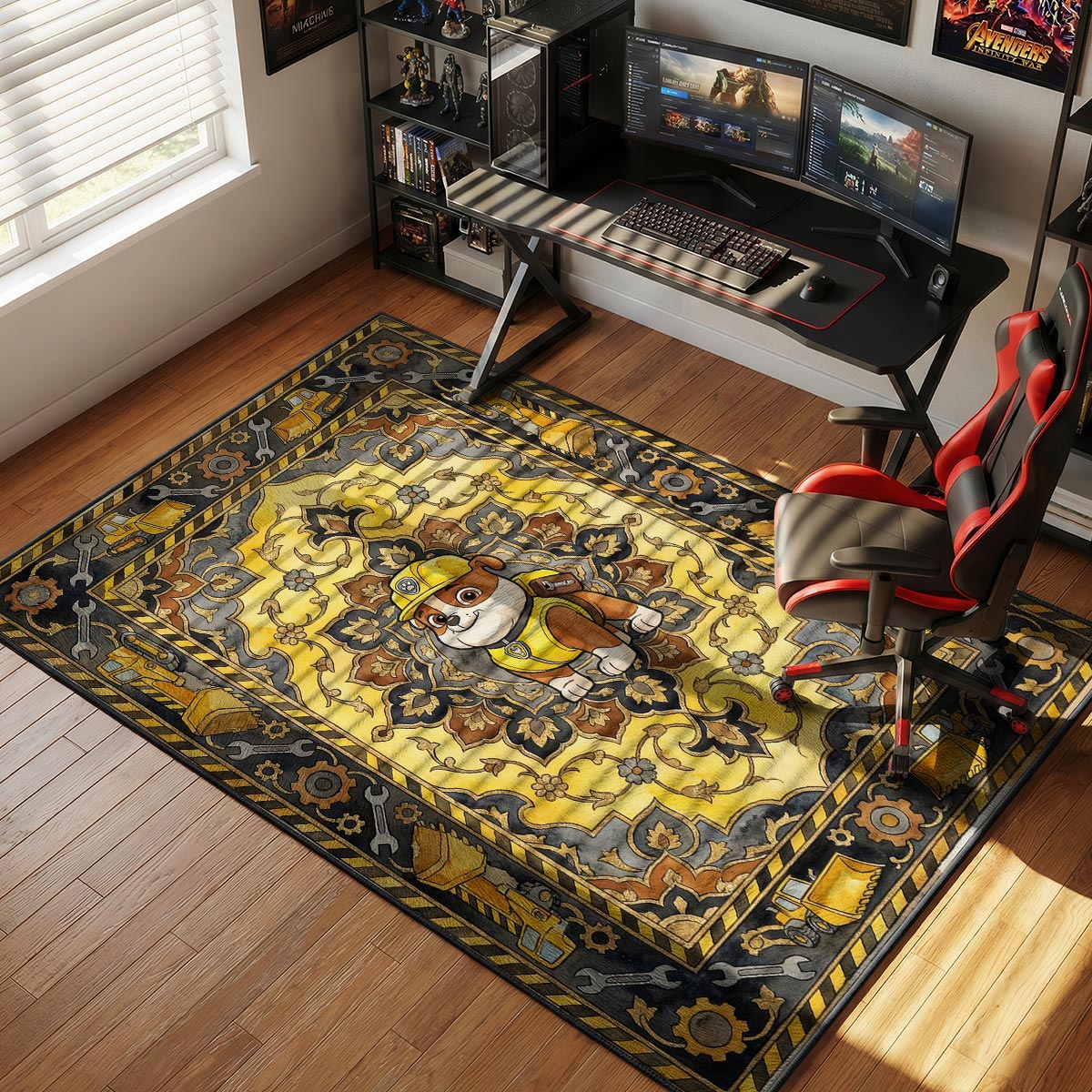 Rubble PAW Patrol rug placed in a boy's bedroom with construction-themed decor and toy trucks