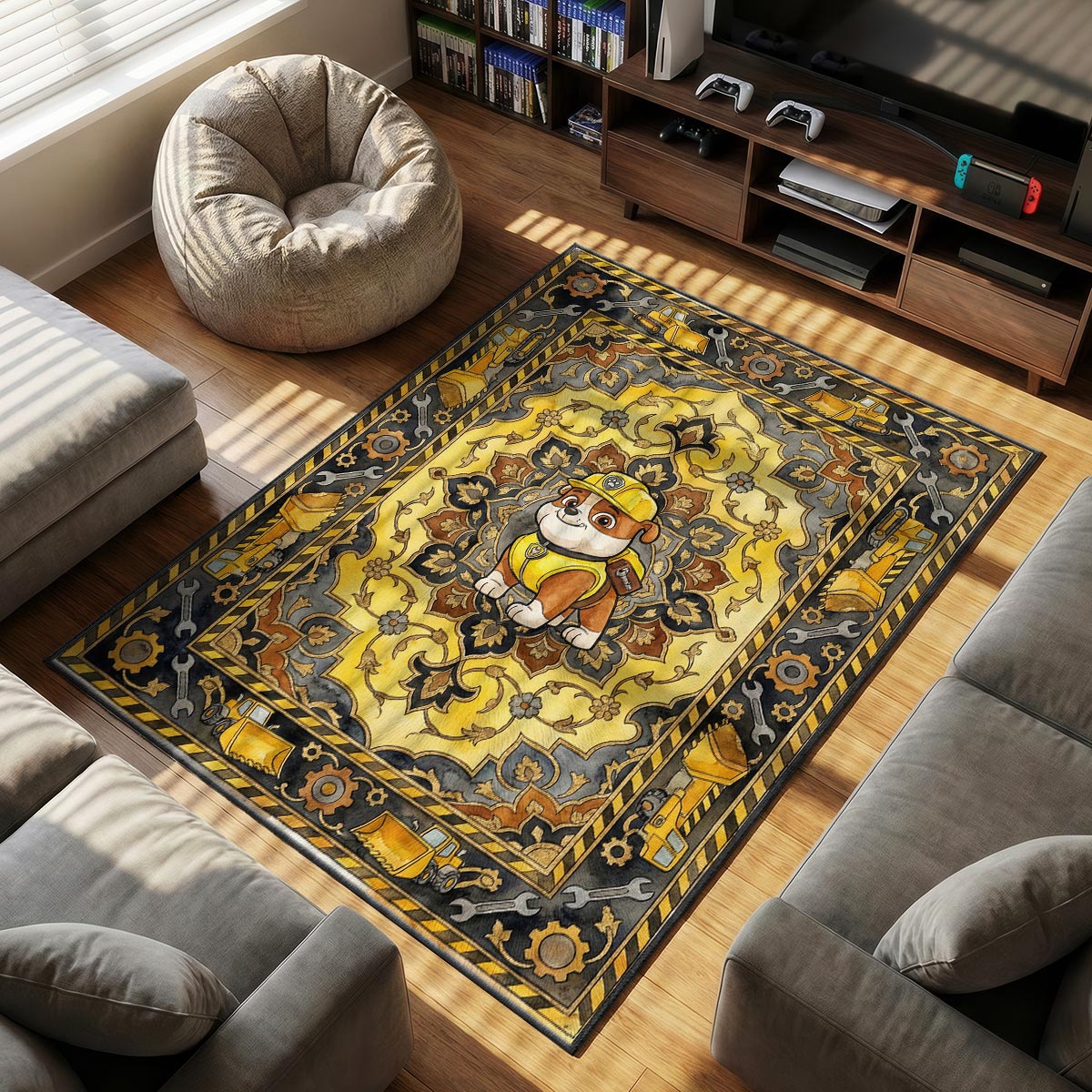 Close-up of Rubble area rug showing gear and wrench border detail and yellow velvet texture