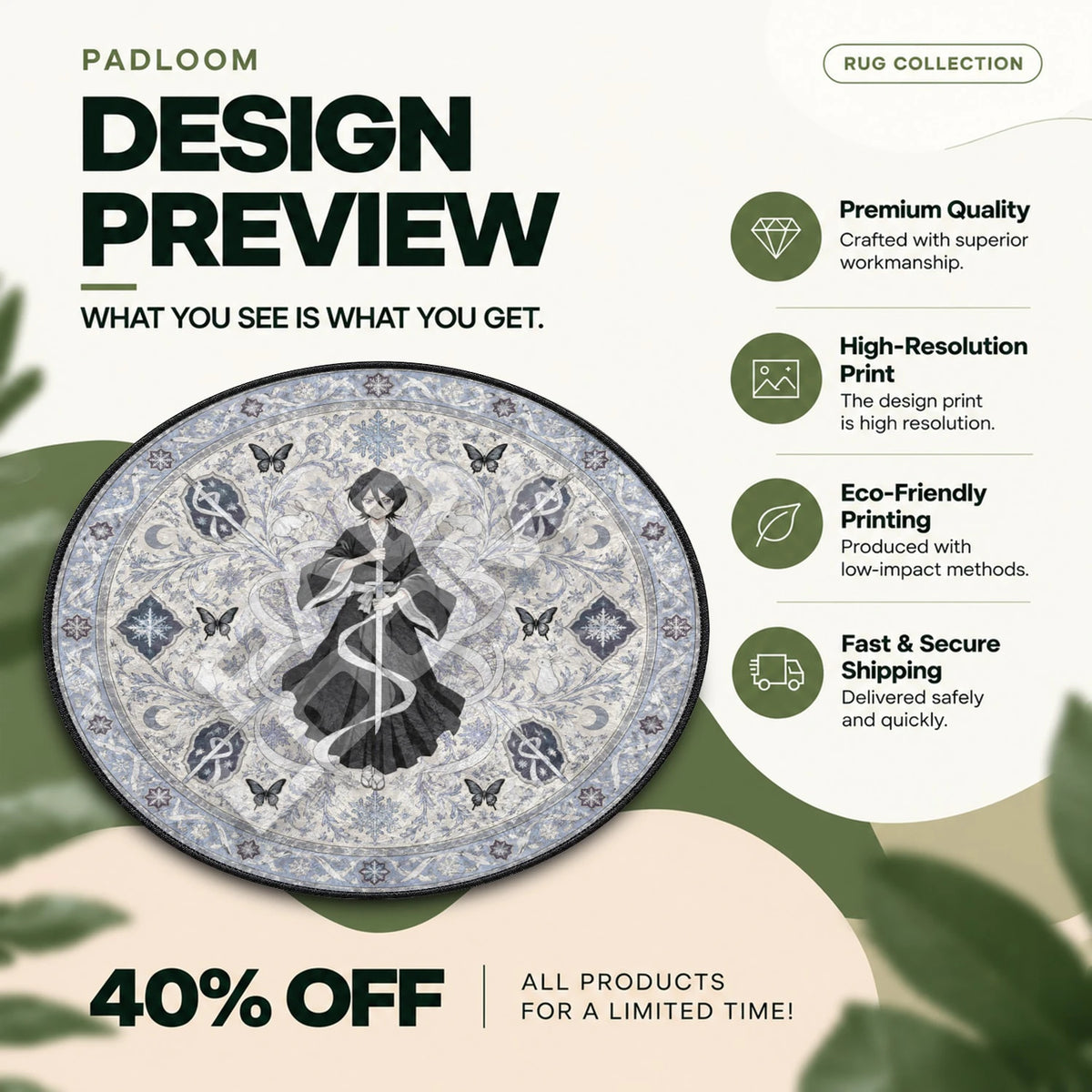 Rukia Snowflake Bleach round rug full design preview