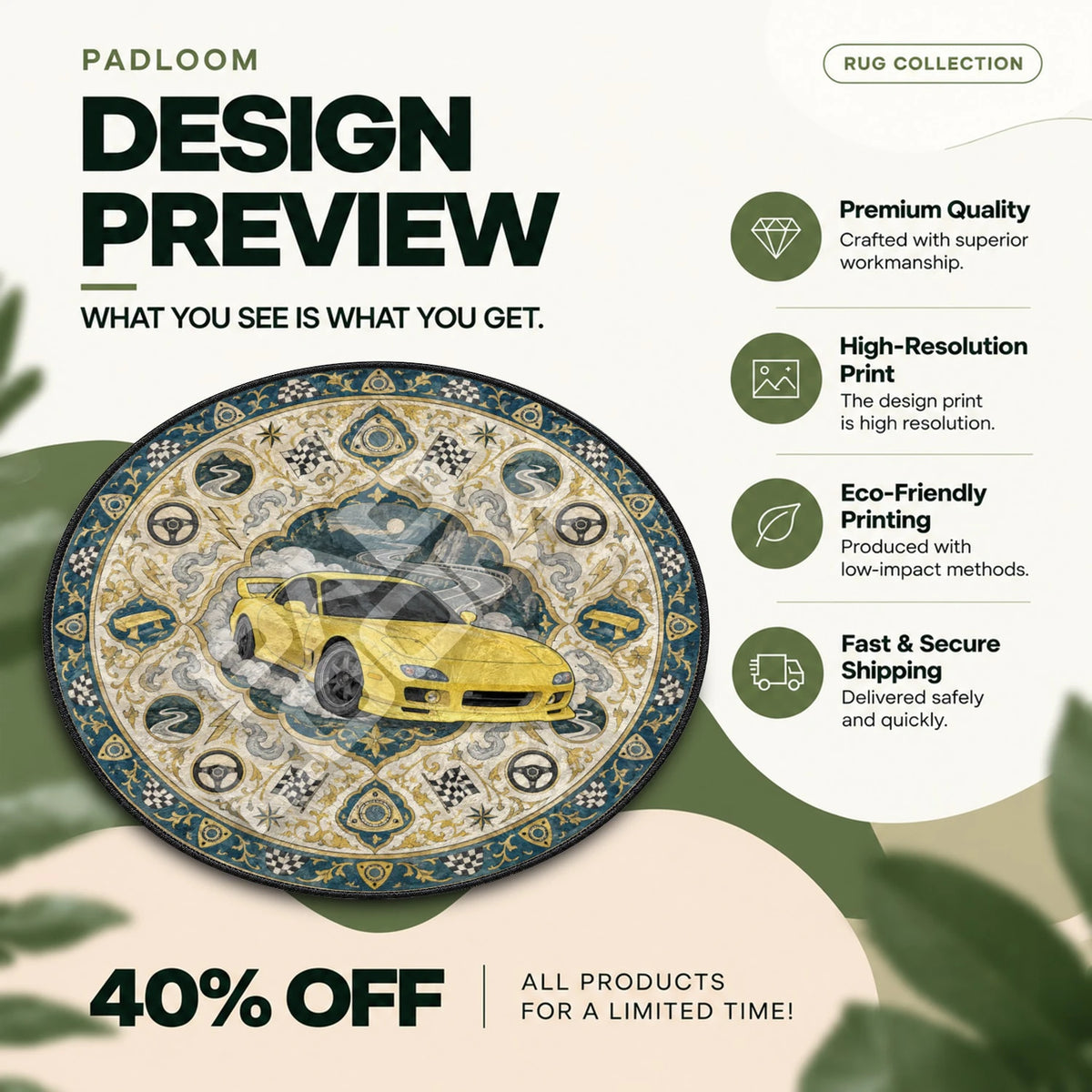 RX-7 Yellow Initial D round rug full design preview