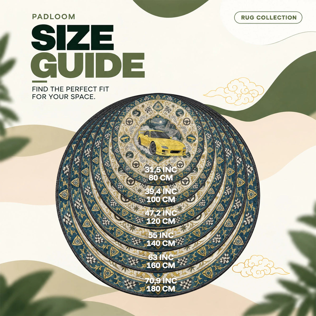 RX-7 Yellow round rug size guide, 80 to 180 cm (31.5 to 70.9 in)