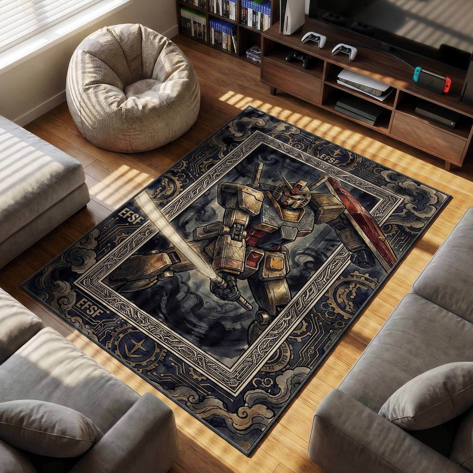 RX Gundam themed area rug for home decor fans