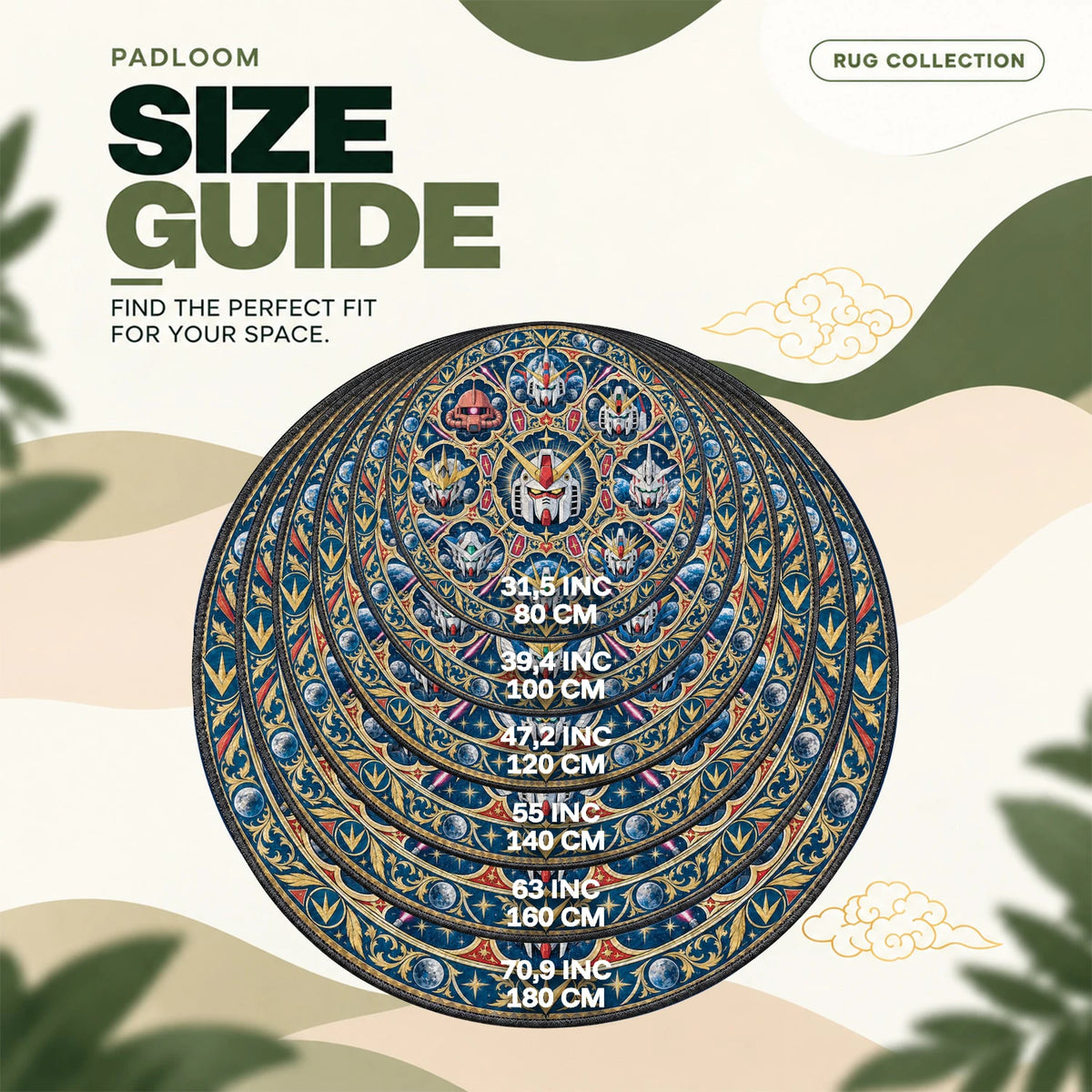 RX-78-2 Medallion round rug size guide, 80 to 180 cm (31.5 to 70.9 in)