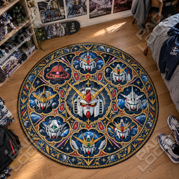 RX-78-2 Medallion Gundam round rug on a bedroom floor - Gundam chair mat