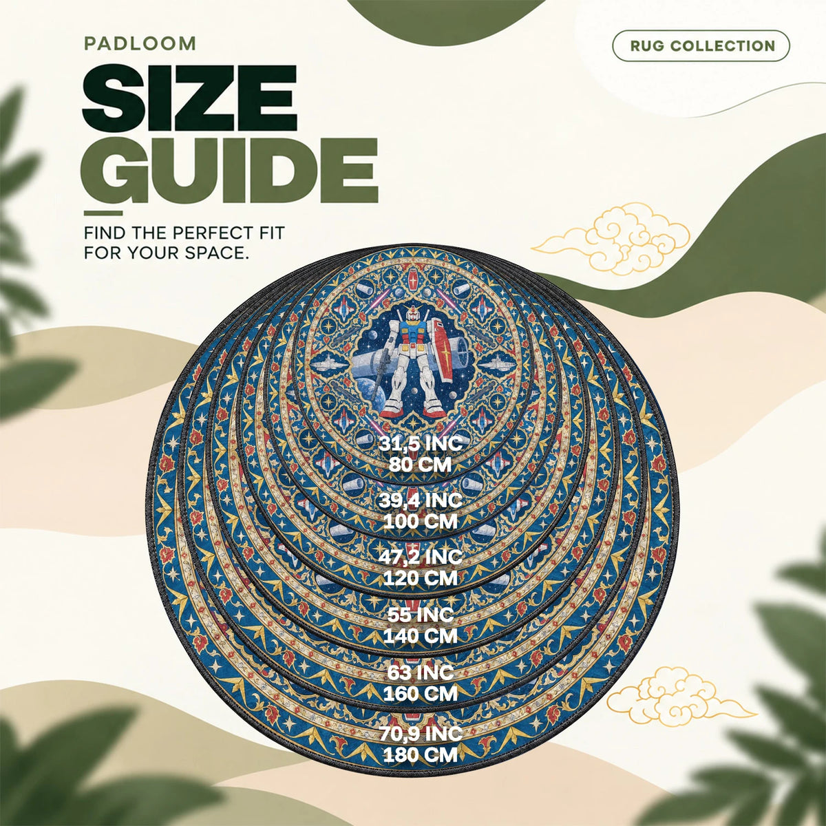 RX-78 Starlit round rug size guide, 80 to 180 cm (31.5 to 70.9 in)