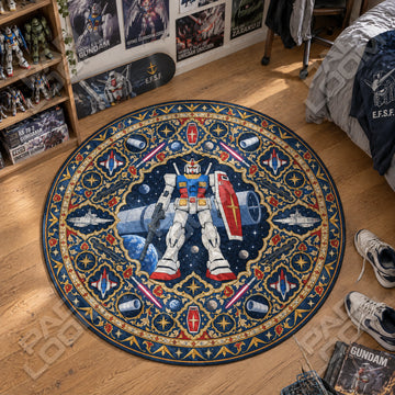 RX-78 Starlit Gundam round rug on a bedroom floor - Gundam chair mat