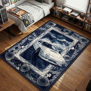 Initial D anime rug featuring Ryosuke Takahashi's white Mazda RX-7 FC3S drifting with RedSuns team logos and rotary engine border art.