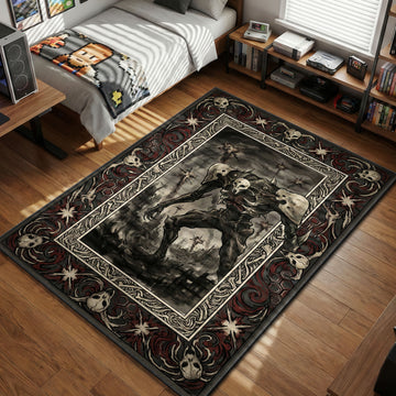 Gothic style Neon Genesis Evangelion rug featuring the Third Angel Sachiel attacking a ruined city with cross-shaped explosions.