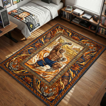 Sagat performing flaming Tiger Uppercut in front of reclining Buddha statue with tiger and lotus border illustrative gaming area rug and floor mat