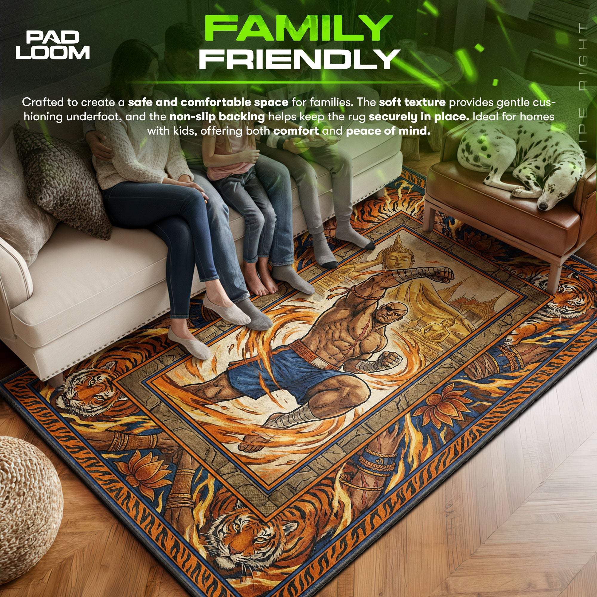 Sagat area rug showing full home decor artwork