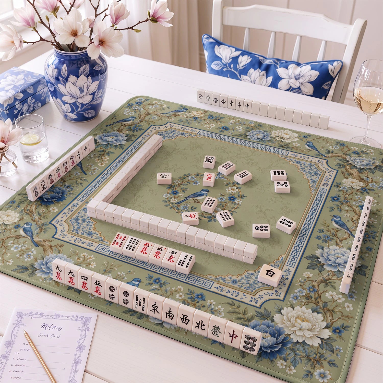 Sage Bluebird mahjong mat – M (60x60 cm) and L (81x81 cm) sizes