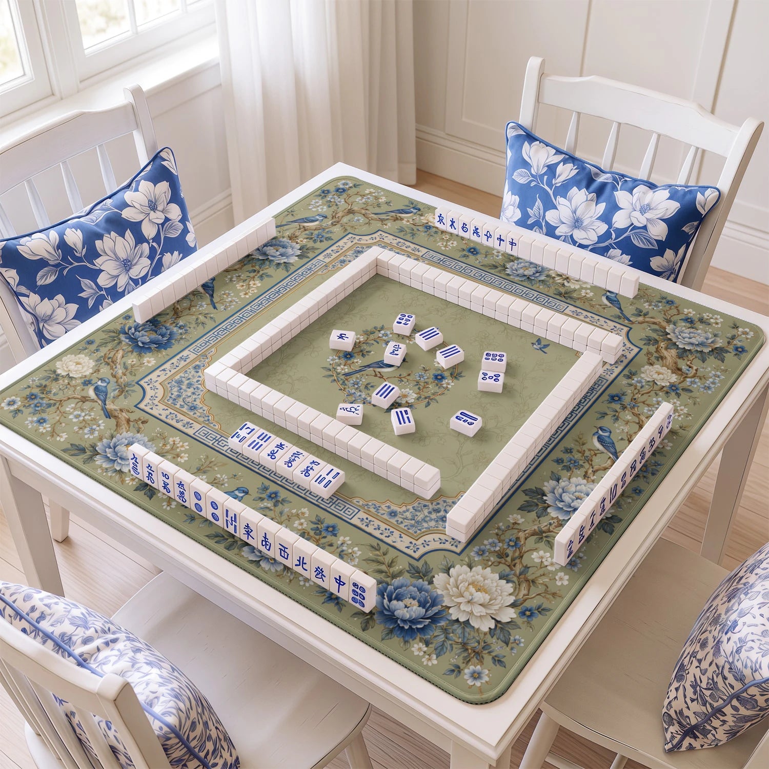 Sage Bluebird mahjong mat with tiles and racks on the table