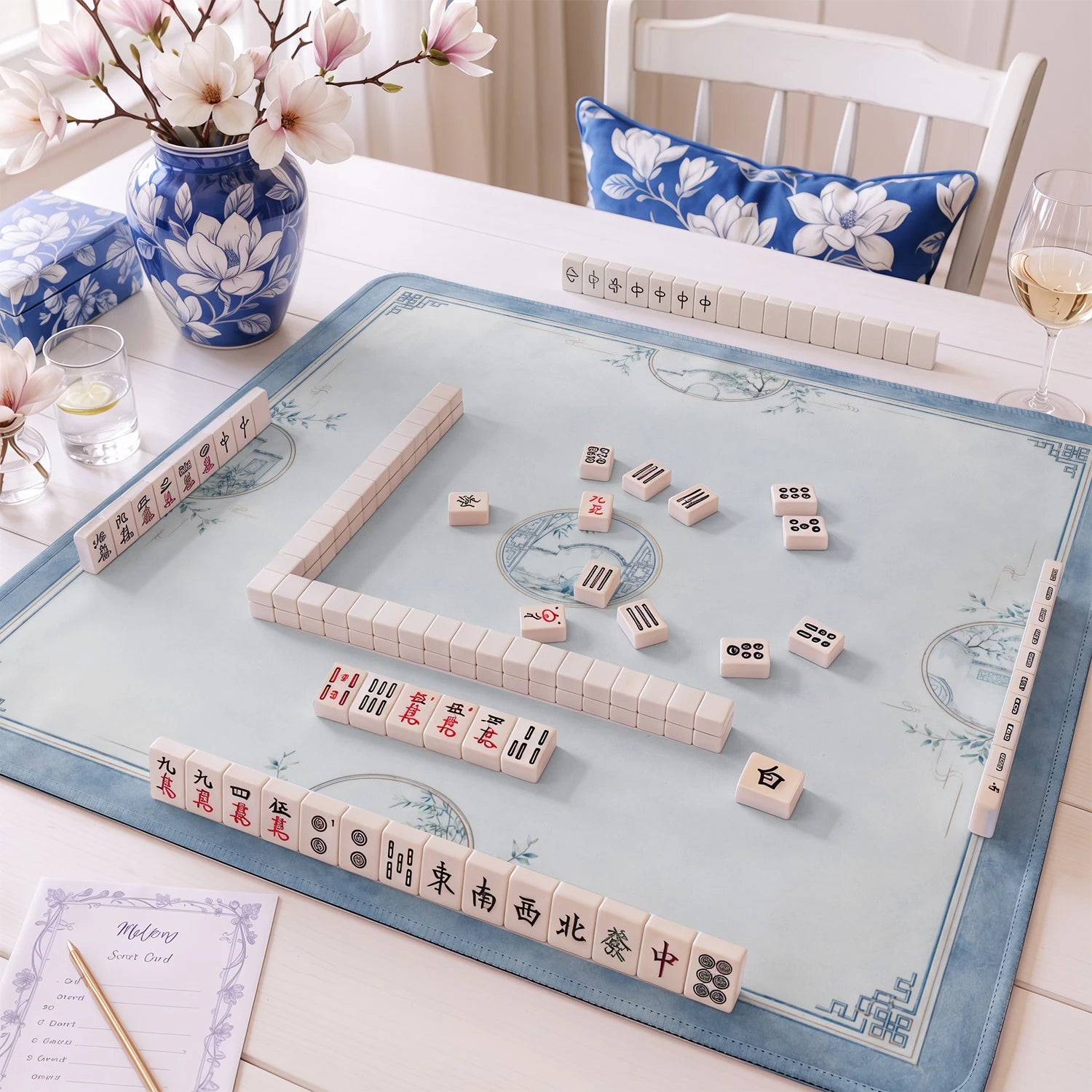 Sage Chinoiserie Lotus Mahjong Mat - Mah Jongg Mat