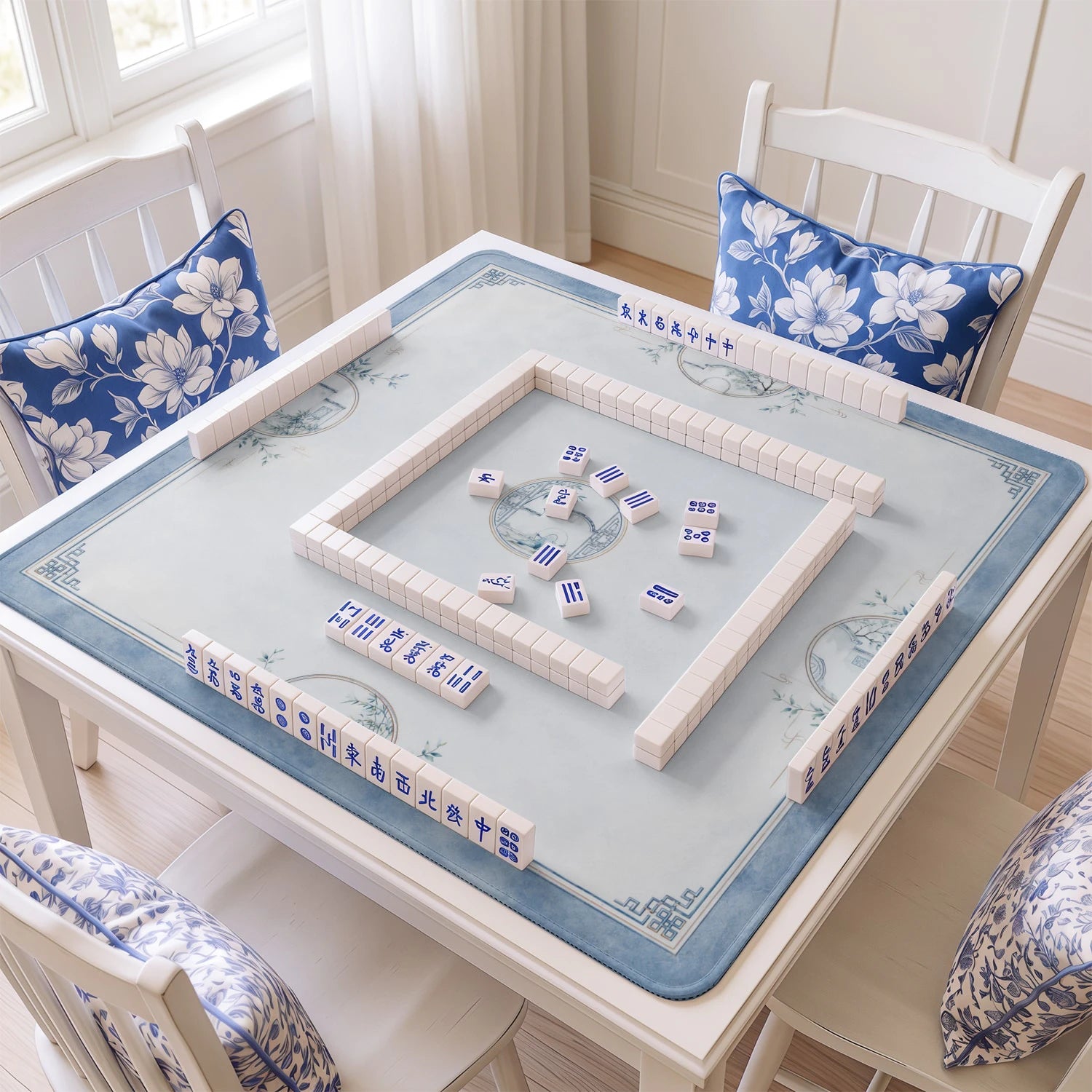 Sage Chinoiserie Lotus Mahjong Mat - Mah Jongg Mat