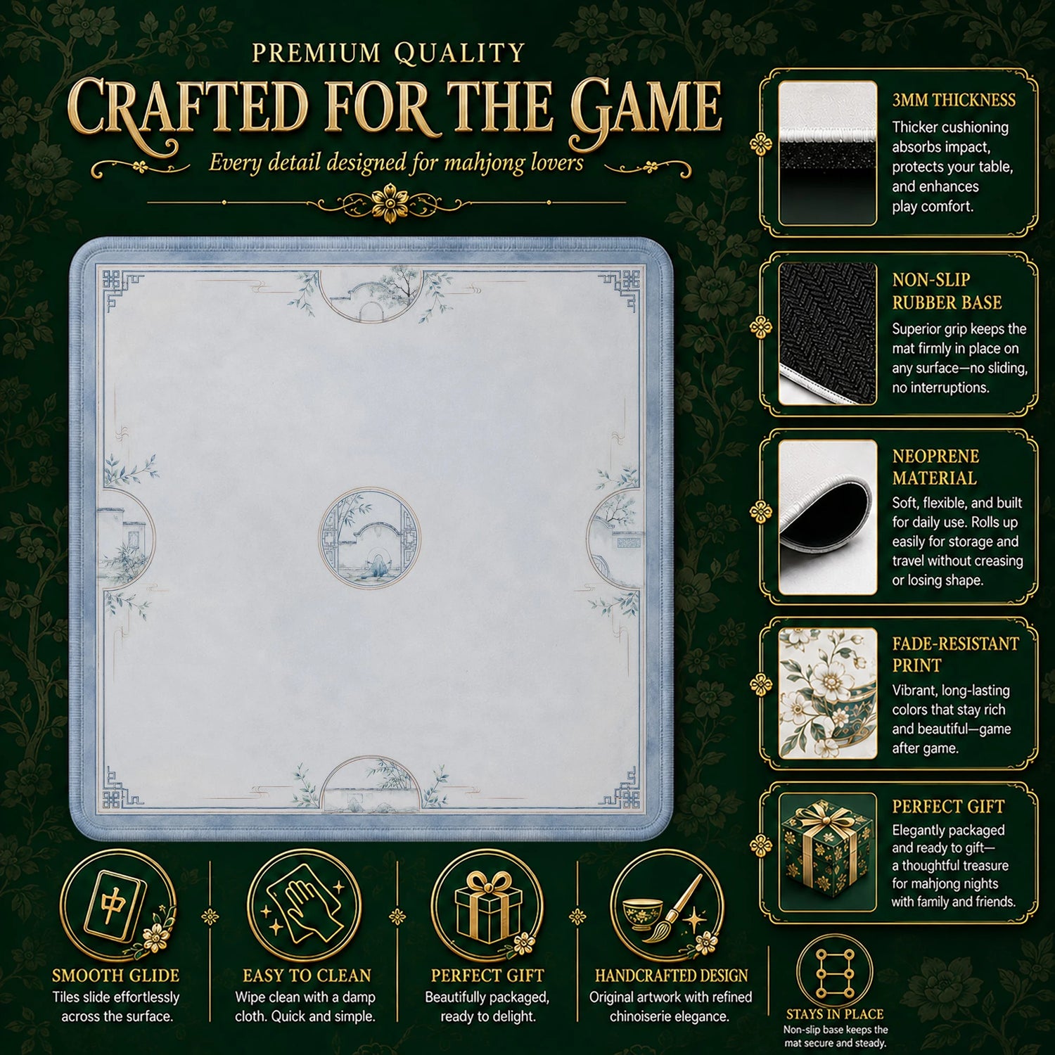 Sage Chinoiserie Lotus Mahjong Mat - Mah Jongg Mat