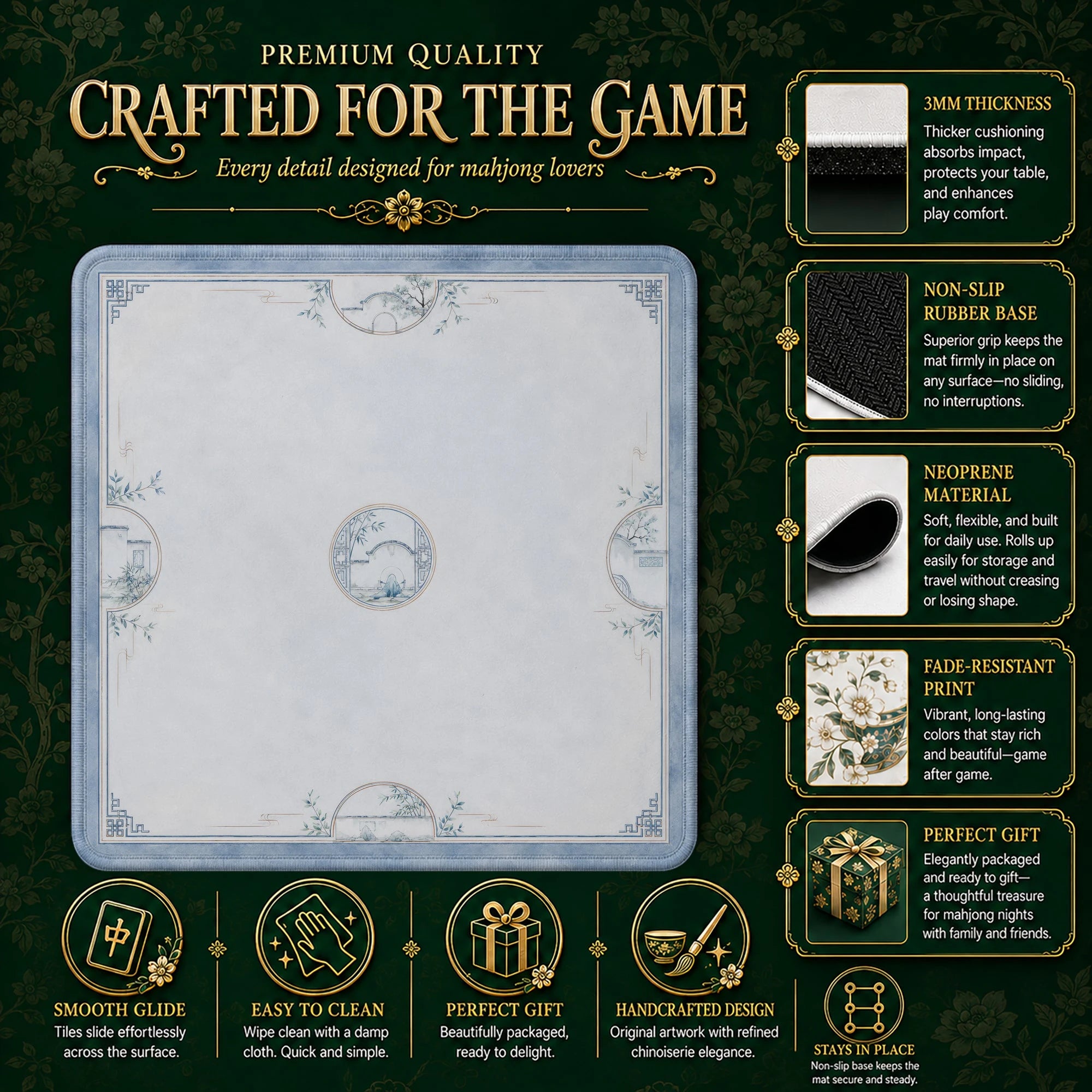 Sage Chinoiserie Lotus Mahjong Mat - Mah Jongg Mat