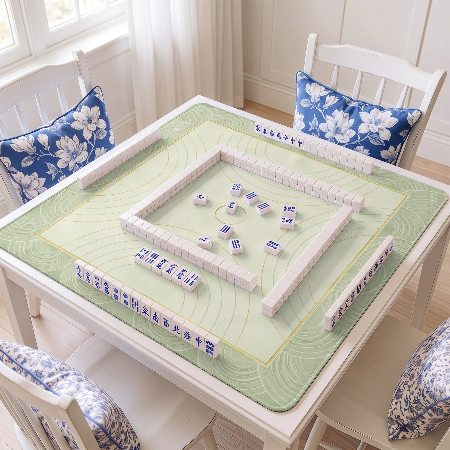 Sage Deco Arc mahjong mat with tiles and racks on the table