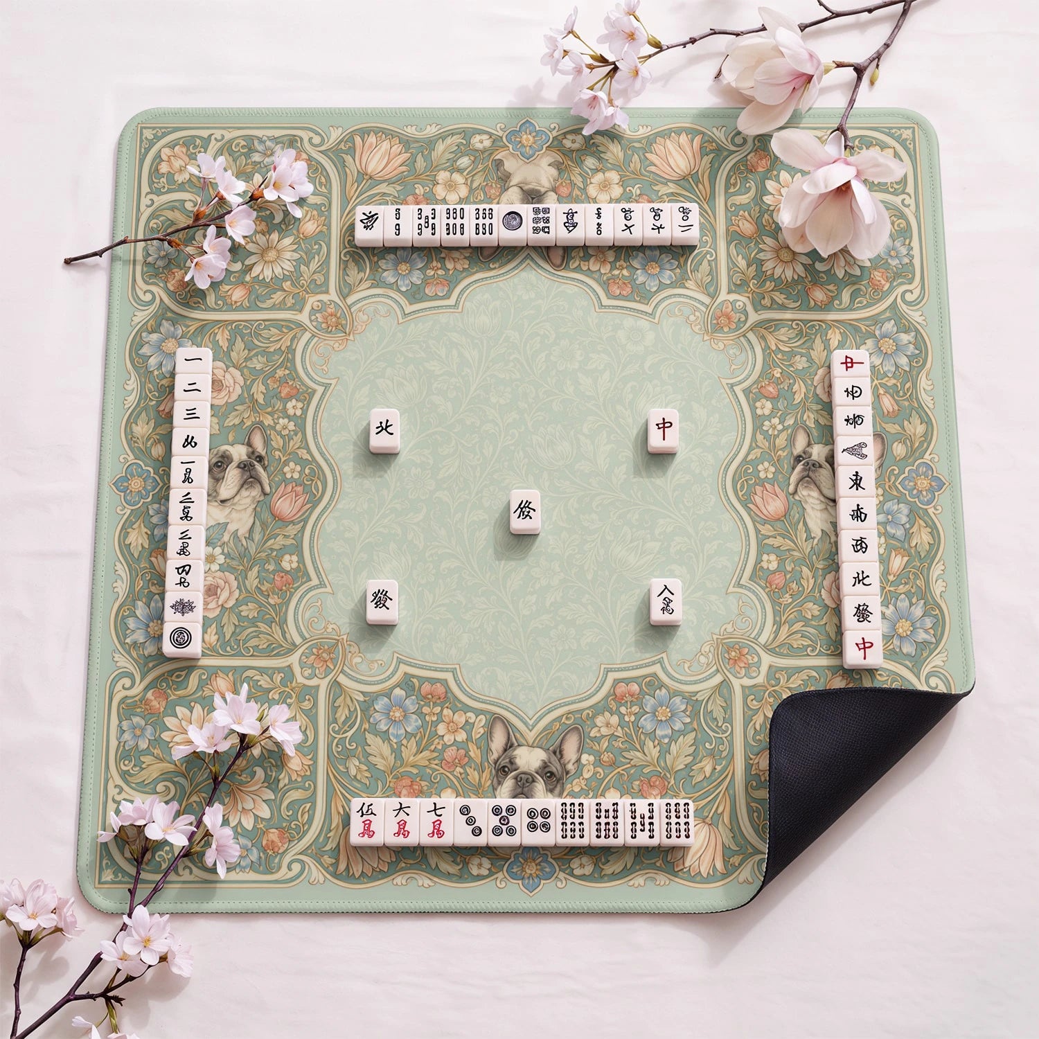 Sage Frenchie design close-up on mahjong mat surface