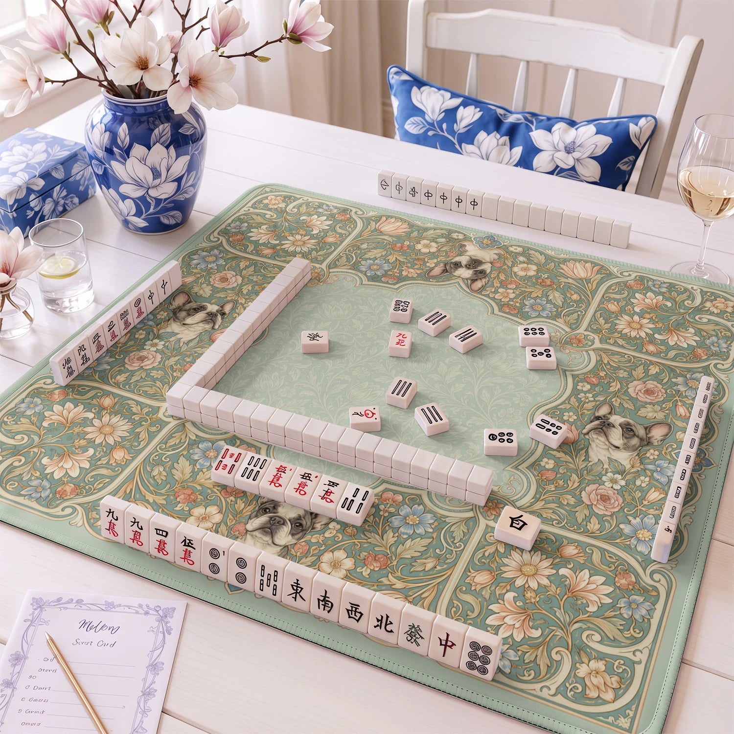 Sage Frenchie mahjong mat – M (60x60 cm) and L (81x81 cm) sizes