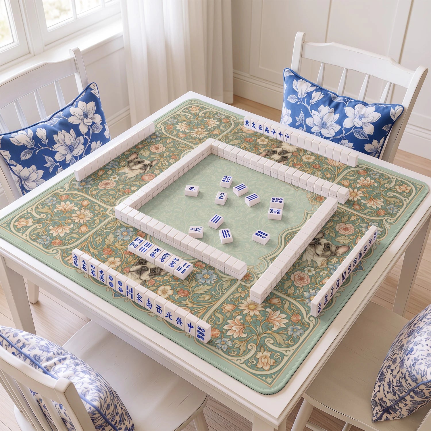 Sage Frenchie mahjong mat with tiles and racks on the table