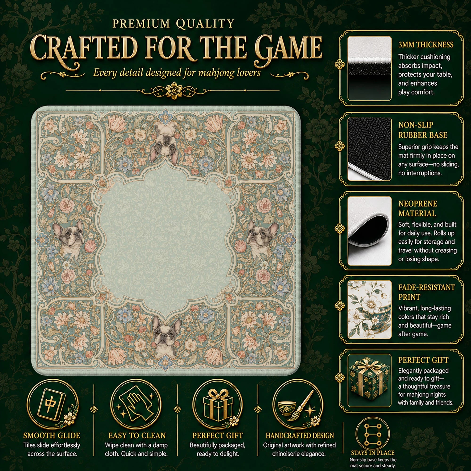 Sage Frenchie Mahjong Mat – neoprene mah jongg table mat