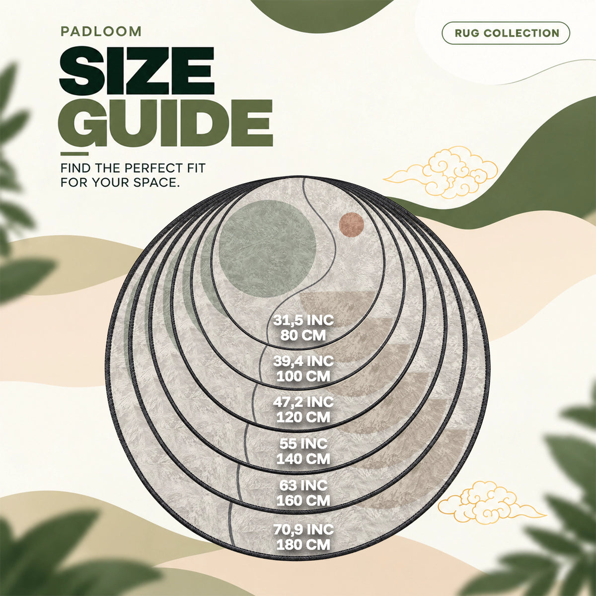Sage Green Contour round rug size guide, 80 to 180 cm (31.5 to 70.9 in)
