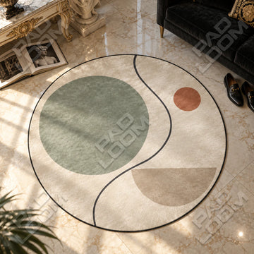Sage Green Contour abstract round rug in a styled room - abstract circle area rug