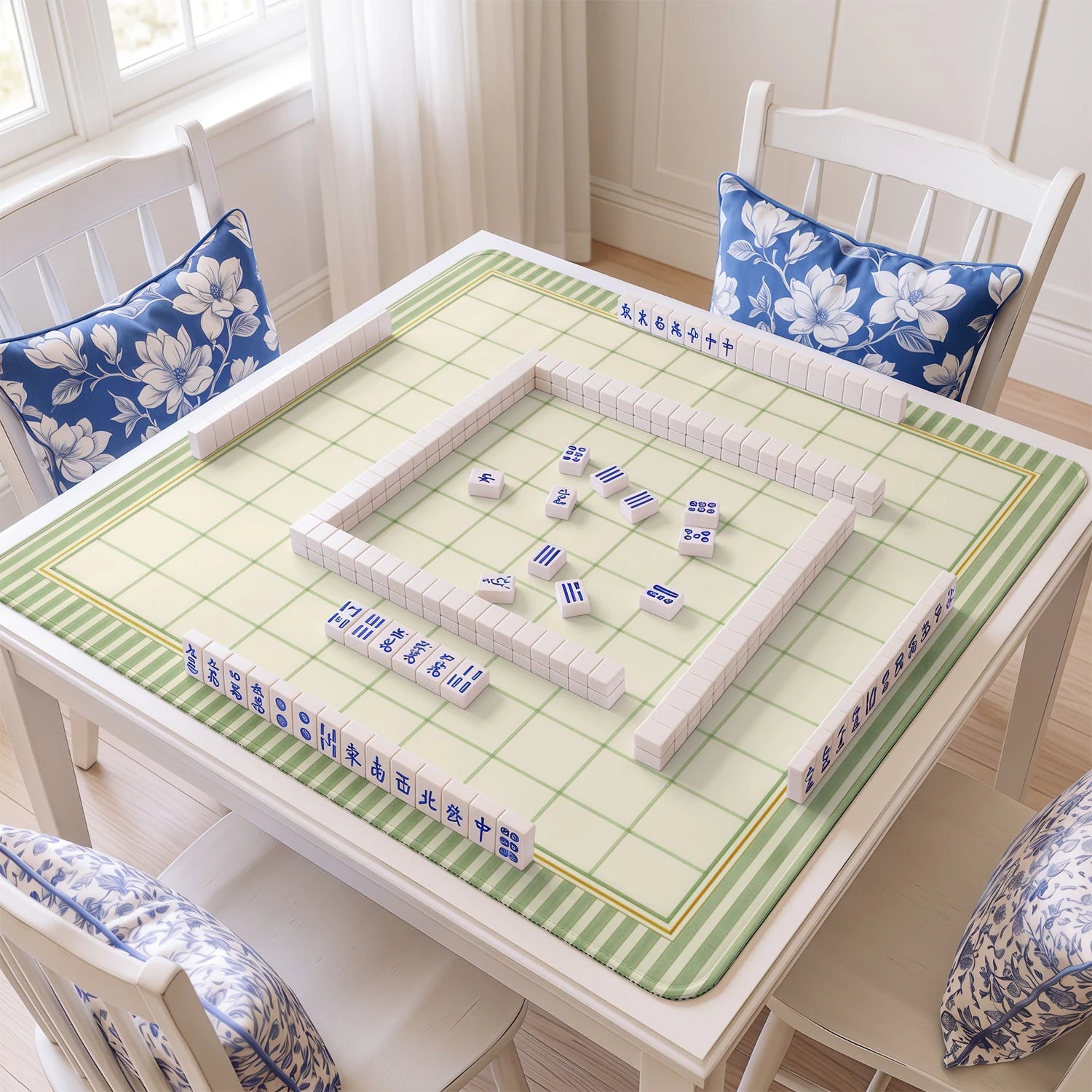 Sage Grid mahjong mat with tiles and racks on the table