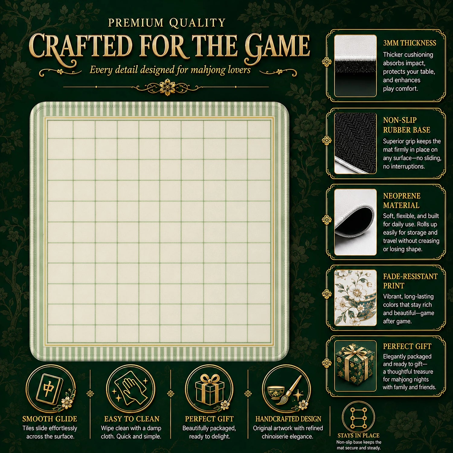 Sage Grid Mahjong Mat – neoprene mah jongg table mat