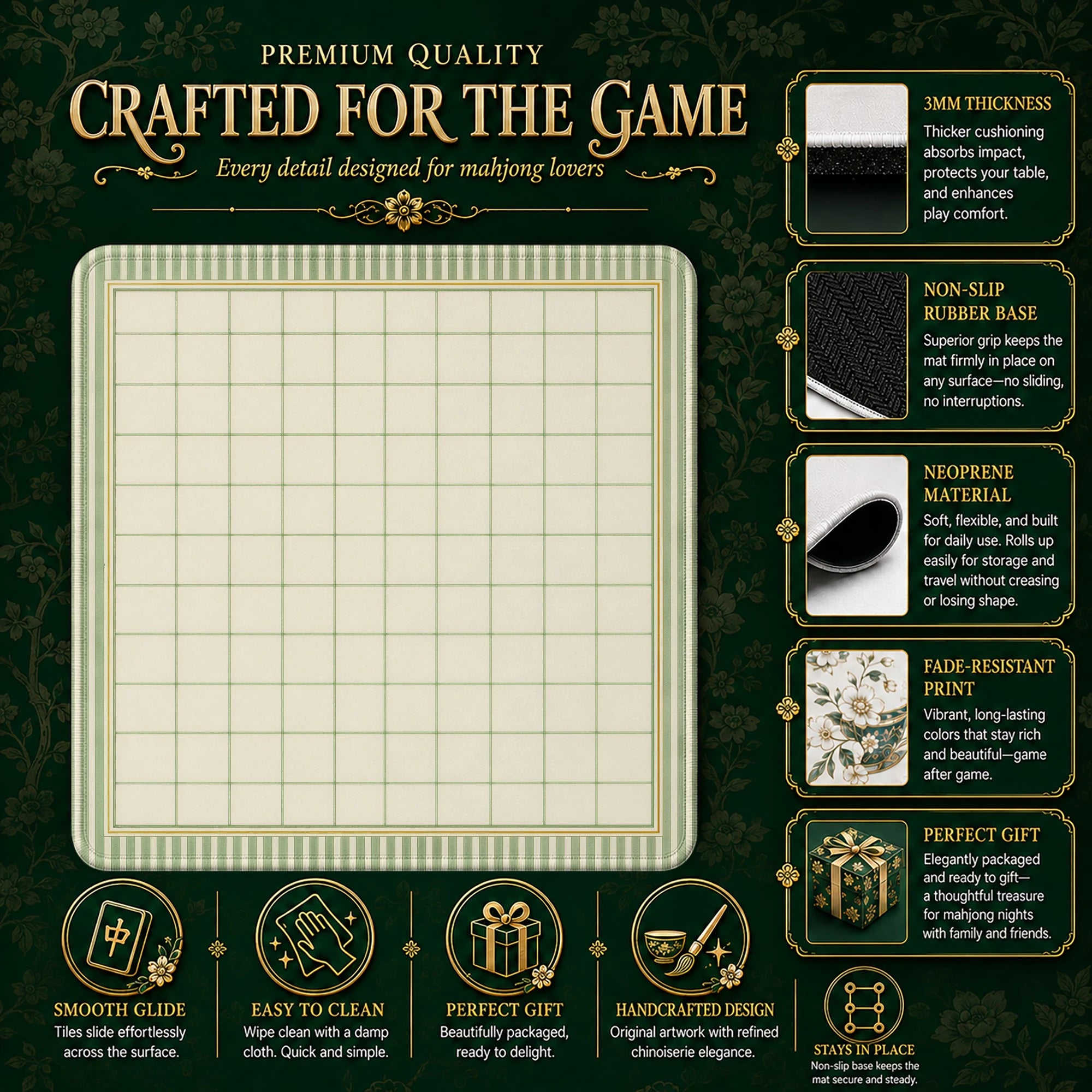 Sage Grid Mahjong Mat – neoprene mah jongg table mat