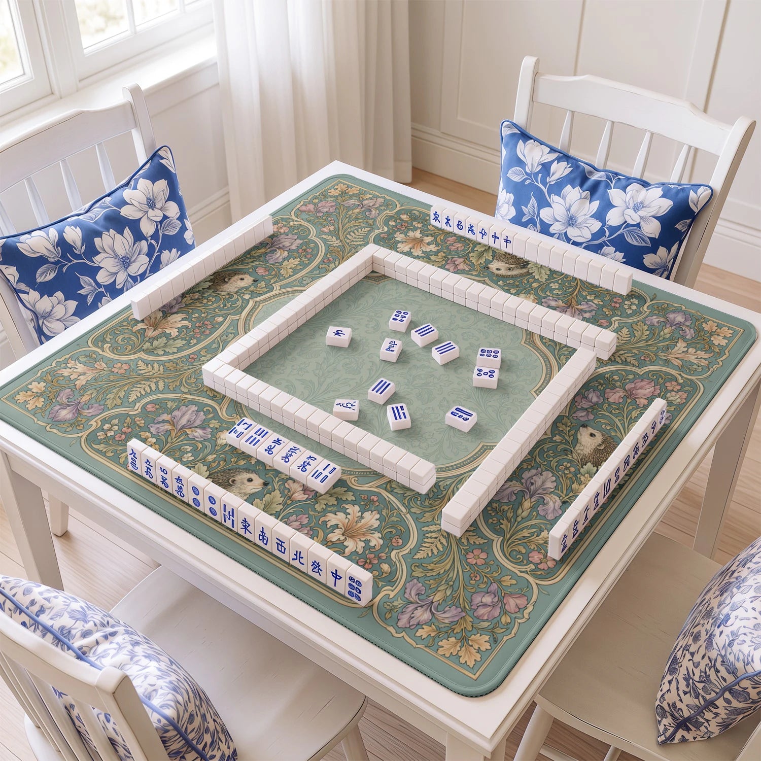 Sage Hedgehog mahjong mat with tiles and racks on the table