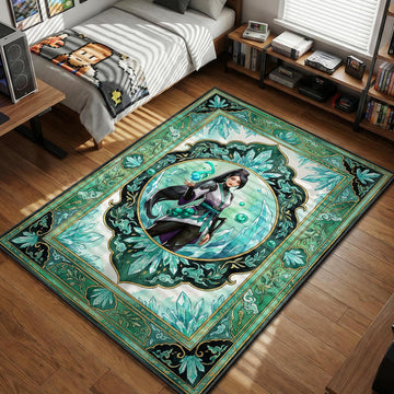 Valorant Sage character summoning jade crystals in ornate tarot card art style gaming area rug and floor mat