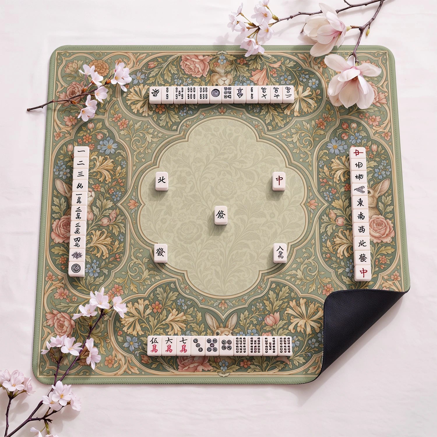 Sage Rabbit design close-up on mahjong mat surface